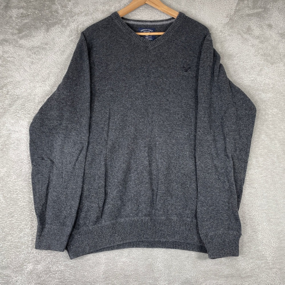 American Eagle Sweater Mens XL Tall Gray V Neck Cotton Pullover Solid Basic